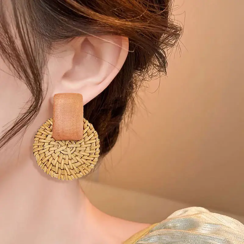 1pair Fashion Bamboo Wooden Straw Weave Rattan Knit Vine Geometric Round Triangle Long Earrings Bohemian for Women Party Jewelry