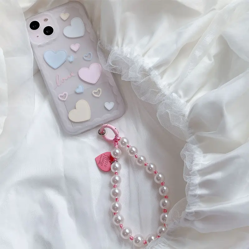 Korean Key Chain Cute Love Heart Beaded Colorful Sweet Phone Bracelet Women Accessories Anti-Lost Chain Lanyard Hanging Cord