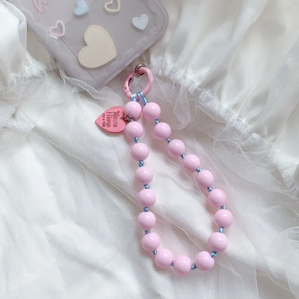 Korean Key Chain Cute Love Heart Beaded Colorful Sweet Phone Bracelet Women Accessories Anti-Lost Chain Lanyard Hanging Cord
