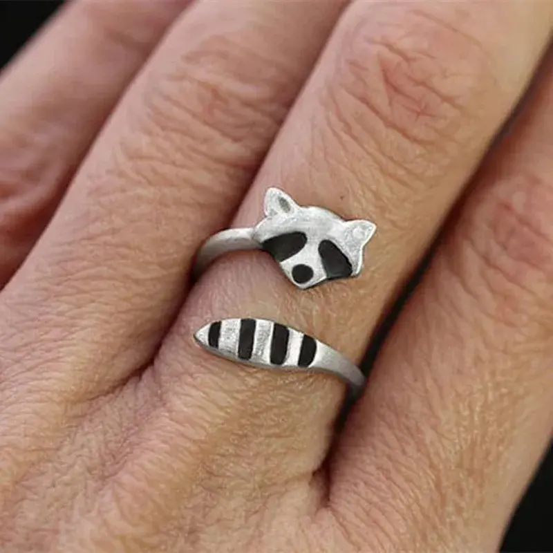 1/2PCS New Raccoon Rings for Women Men Girls Ghost Broom Halloween Jewelry Gift Vintage Finger Ring Resizable