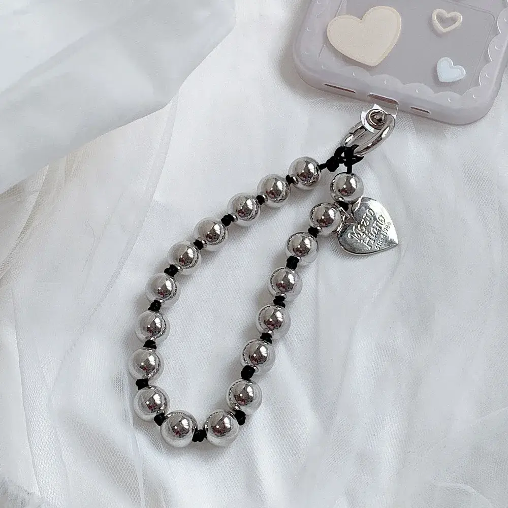 Korean Key Chain Cute Love Heart Beaded Colorful Sweet Phone Bracelet Women Accessories Anti-Lost Chain Lanyard Hanging Cord
