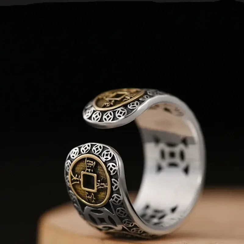 Chinese Feng Shui Pixiu Ring Silver Plated Copper Coins Adjustable Rings for Women Men Amulet Wealth Lucky Jewelry Birthday Gift