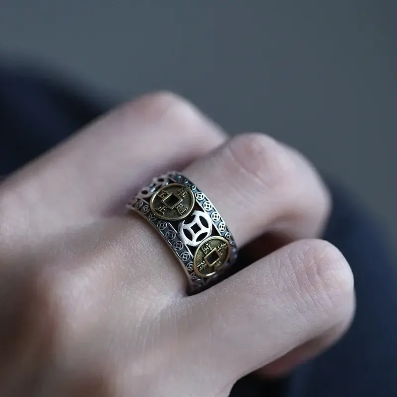 Chinese Feng Shui Pixiu Ring Silver Plated Copper Coins Adjustable Rings for Women Men Amulet Wealth Lucky Jewelry Birthday Gift