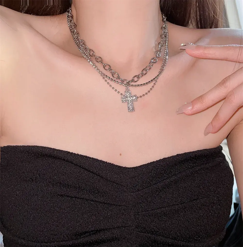 Fashion Cross Pendant Necklace Spicy Girl Sweet and Cool Style Multi Layered Necklace Choker Gift for Women Necklace for Women