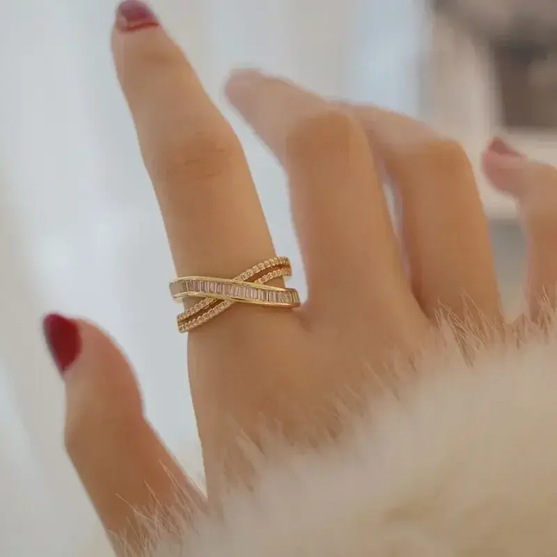 New Cross Zircon Rings for Women Gold Color Adjustable Stainless Steel Ring Trend Luxury Wedding Band Aesthetic Jewelry Gift