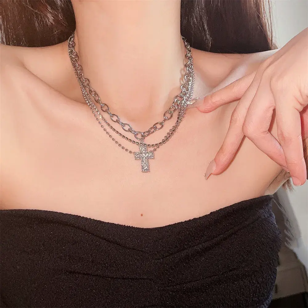 Fashion Cross Pendant Necklace Spicy Girl Sweet and Cool Style Multi Layered Necklace Choker Gift for Women Necklace for Women