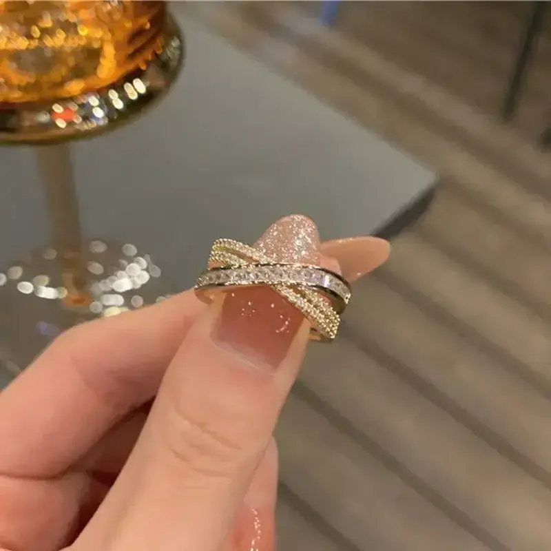 New Cross Zircon Rings for Women Gold Color Adjustable Stainless Steel Ring Trend Luxury Wedding Band Aesthetic Jewelry Gift