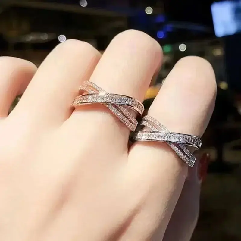 New Cross Zircon Rings for Women Gold Color Adjustable Stainless Steel Ring Trend Luxury Wedding Band Aesthetic Jewelry Gift