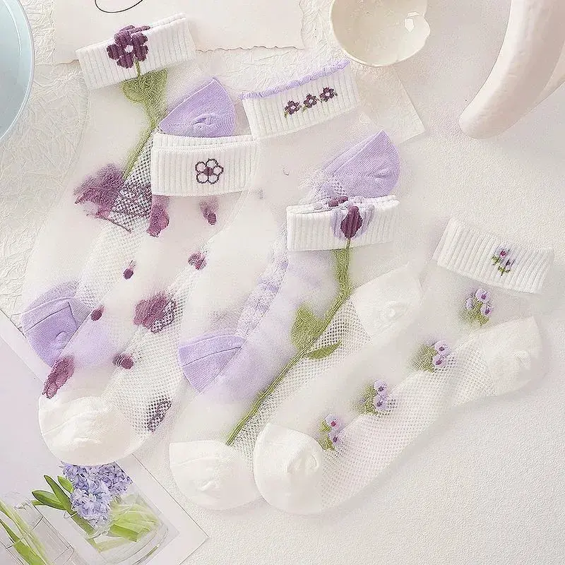5Pairs Women Fashion Flower Patterned Short Sock Flower Thin Breathable Sweat Absorbing Soft Comfortable Thin Crystal Boat Socks