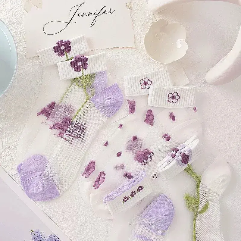 5Pairs Women Fashion Flower Patterned Short Sock Flower Thin Breathable Sweat Absorbing Soft Comfortable Thin Crystal Boat Socks
