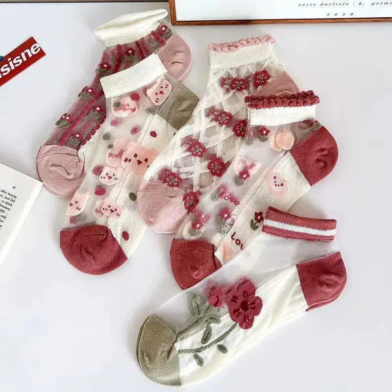 5Pairs Women Fashion Flower Patterned Short Sock Flower Thin Breathable Sweat Absorbing Soft Comfortable Thin Crystal Boat Socks