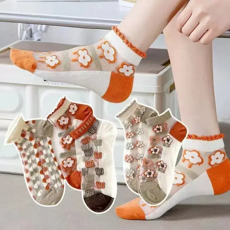 5Pairs Women Fashion Flower Patterned Short Sock Flower Thin Breathable Sweat Absorbing Soft Comfortable Thin Crystal Boat Socks