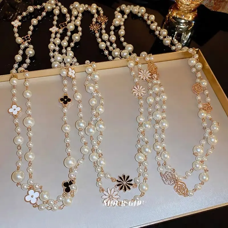 Elegant Luxury Vintage Lady Camellia Pearls Flower Long Necklace Chain Elegant Double Layers Fashion Jewelry for Women Party