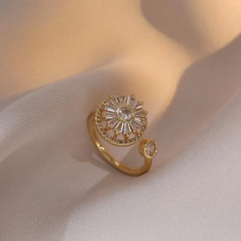 Luxury Stainless Steel Rotatable Adjustable Rings Zircon Crystal Fashion Flower Ring Women Wedding Boho Jewelry Christmas Gift