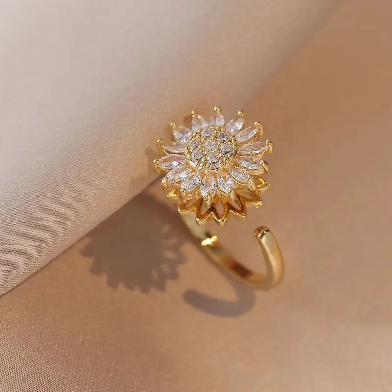 Luxury Stainless Steel Rotatable Adjustable Rings Zircon Crystal Fashion Flower Ring Women Wedding Boho Jewelry Christmas Gift