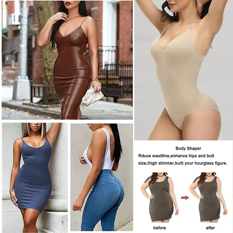 SLIM V Neck Spaghetti Strap Bodysuit Compression Body Suits Open Crotch Shapewear Slimming Body Shaper Smooth Out Bodysuit