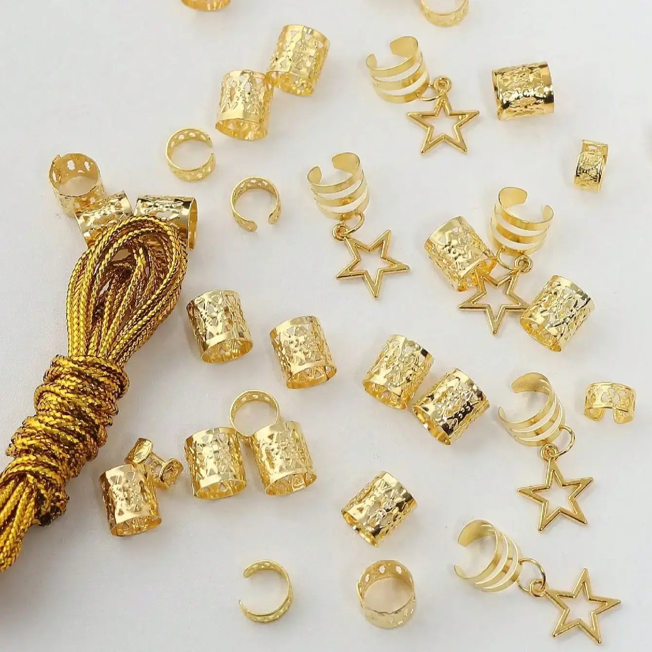 36pcs/set Star Decor Hair Ring Accessories ,Beads Hair Braid Rings Clips Dread Locks Hair Braiding Metal Cuffs Decoration