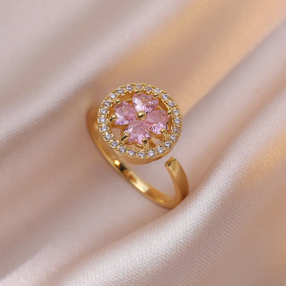 Luxury Stainless Steel Rotatable Adjustable Rings Zircon Crystal Fashion Flower Ring Women Wedding Boho Jewelry Christmas Gift