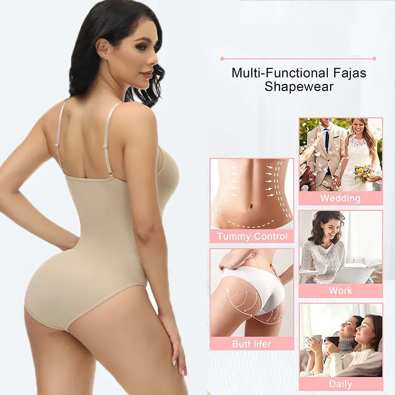 SLIM V Neck Spaghetti Strap Bodysuit Compression Body Suits Open Crotch Shapewear Slimming Body Shaper Smooth Out Bodysuit