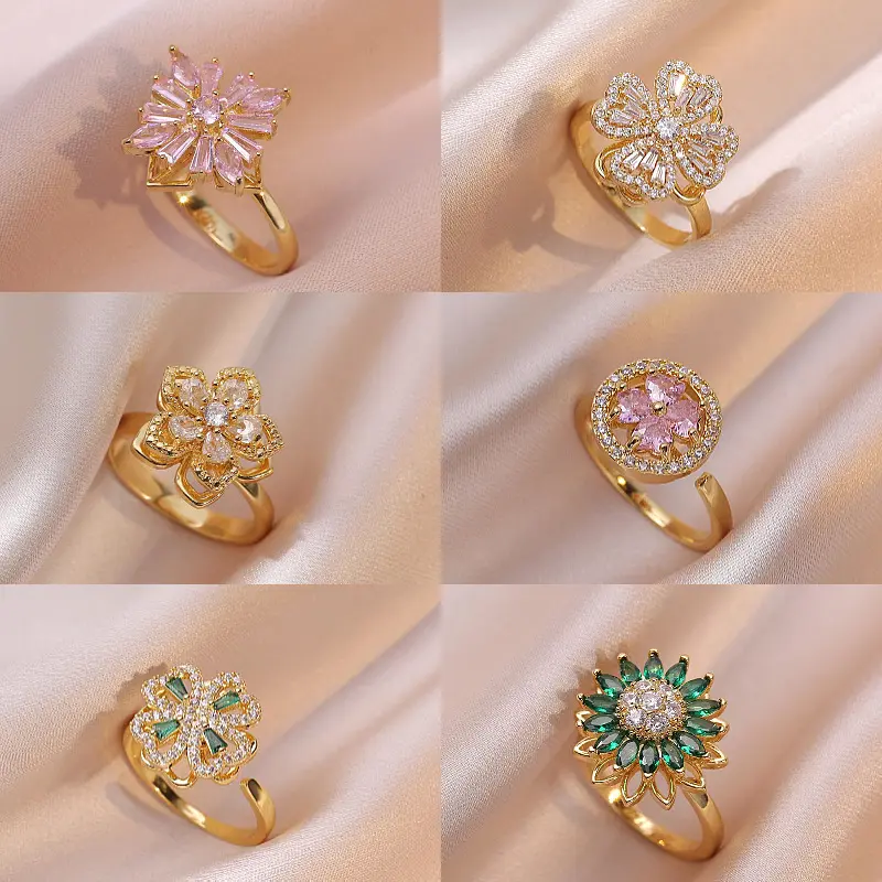 Luxury Stainless Steel Rotatable Adjustable Rings Zircon Crystal Fashion Flower Ring Women Wedding Boho Jewelry Christmas Gift
