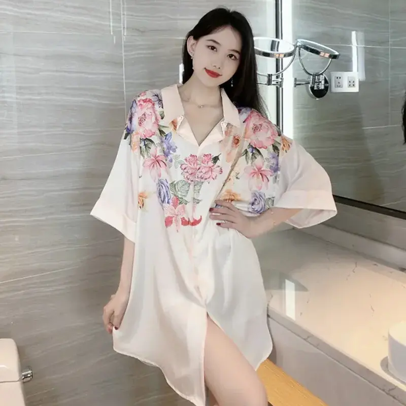 New Pajama Women Summer Lace Nightgown Ice Silk Short Sleeve Thin Loose Large Size Sexy Shirt Nightgown Dress Homewear Women