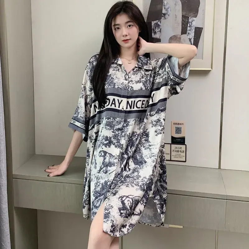 New Pajama Women Summer Lace Nightgown Ice Silk Short Sleeve Thin Loose Large Size Sexy Shirt Nightgown Dress Homewear Women