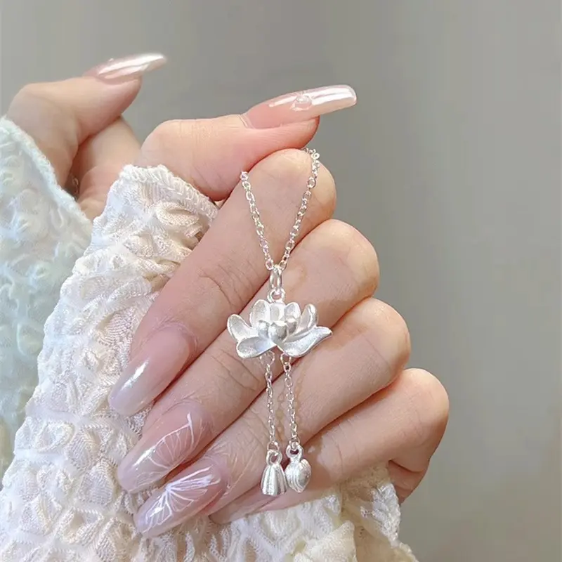 Lotus Tassel Necklace Women's New Popular Good Luck Lotus Pendant New Chinese Style Ancient Law Protects Peace Lotus DIY Pendant