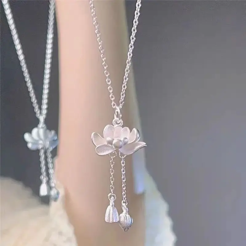 Lotus Tassel Necklace Women's New Popular Good Luck Lotus Pendant New Chinese Style Ancient Law Protects Peace Lotus DIY Pendant