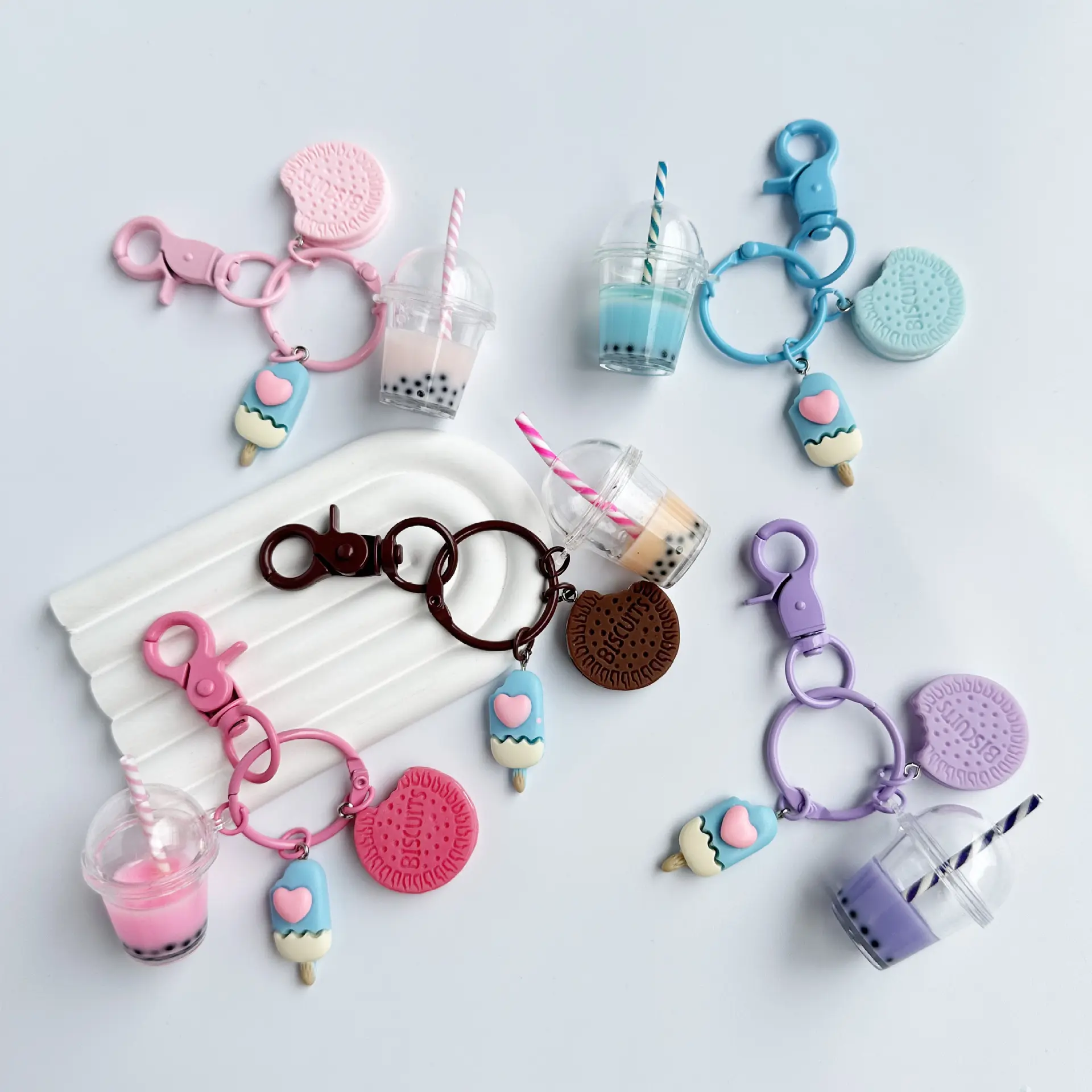 New Fashion Cute Makron Keychains Ice-cream Bubble Tea Biscuit Pink Key Rings Friendship for Best Friend Women Girl Gift Jewelry