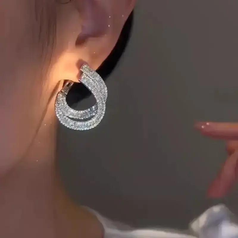 Unique Double Layer Earrings for Women Zircon C-shaped New Fashion Personality Cool Girls Party Accessories Jewellery Women