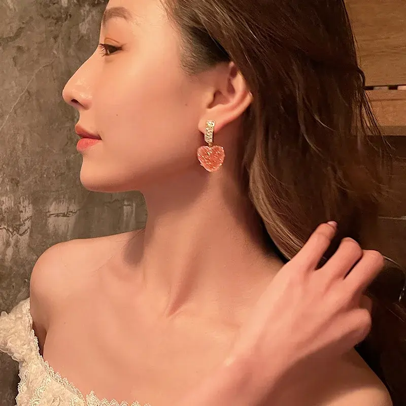 1 Pair New Kawaii Arrival Trendy Lovely Pink Heart Dangle Earrings for Women Fashion Cute Sweet Crystal Jewelry Girl Gifts