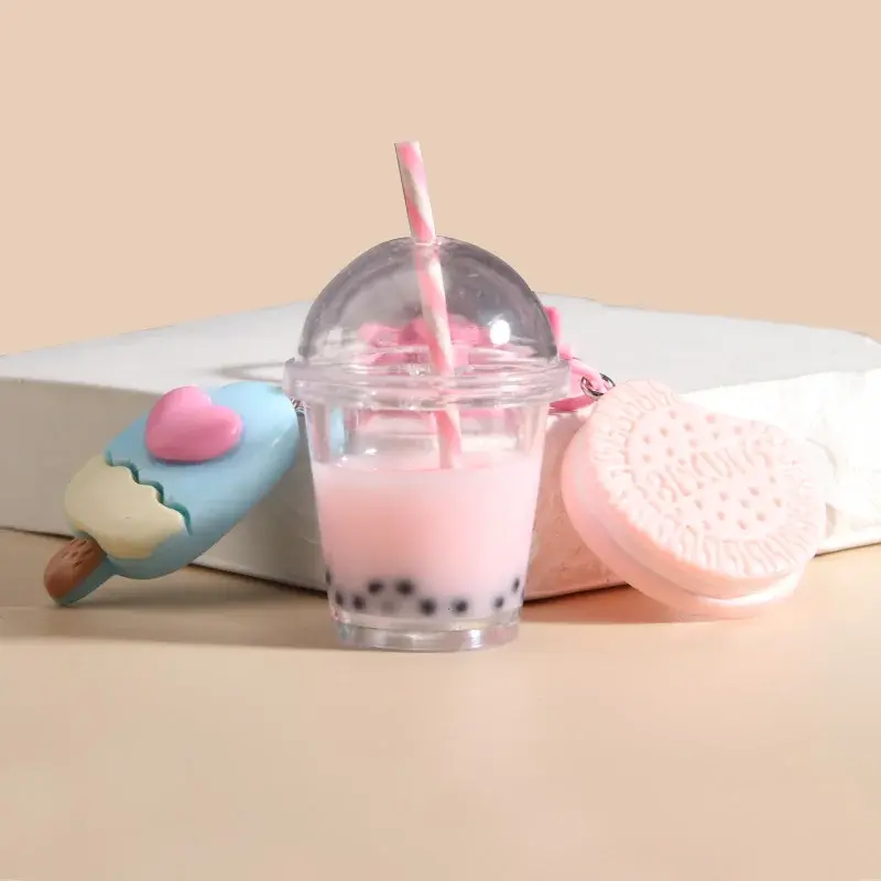 New Fashion Cute Makron Keychains Ice-cream Bubble Tea Biscuit Pink Key Rings Friendship for Best Friend Women Girl Gift Jewelry