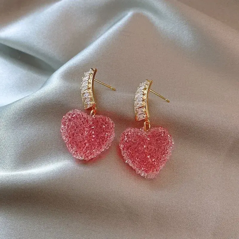 1 Pair New Kawaii Arrival Trendy Lovely Pink Heart Dangle Earrings for Women Fashion Cute Sweet Crystal Jewelry Girl Gifts