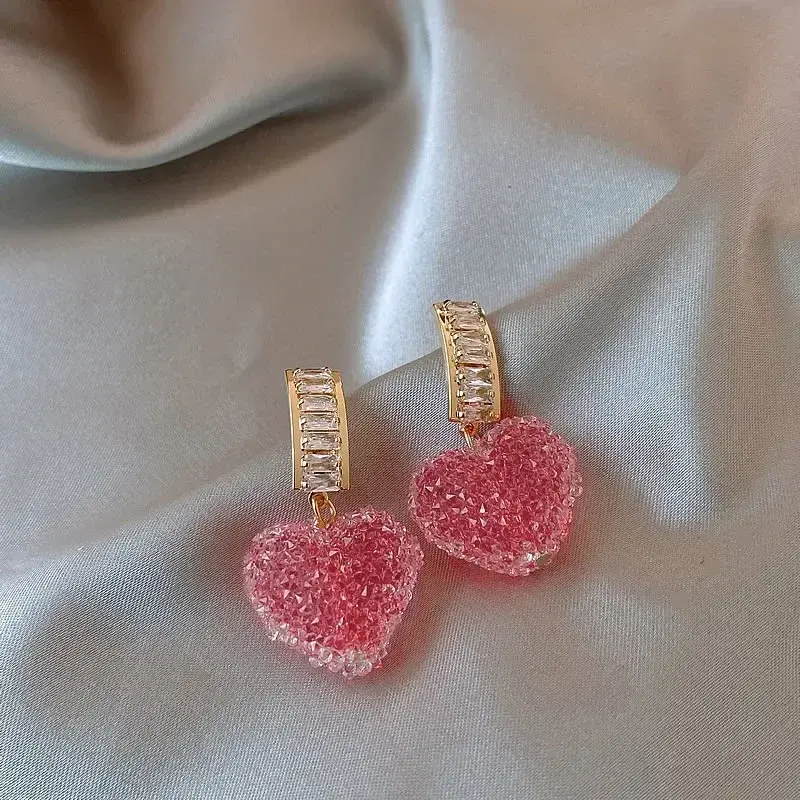 1 Pair New Kawaii Arrival Trendy Lovely Pink Heart Dangle Earrings for Women Fashion Cute Sweet Crystal Jewelry Girl Gifts