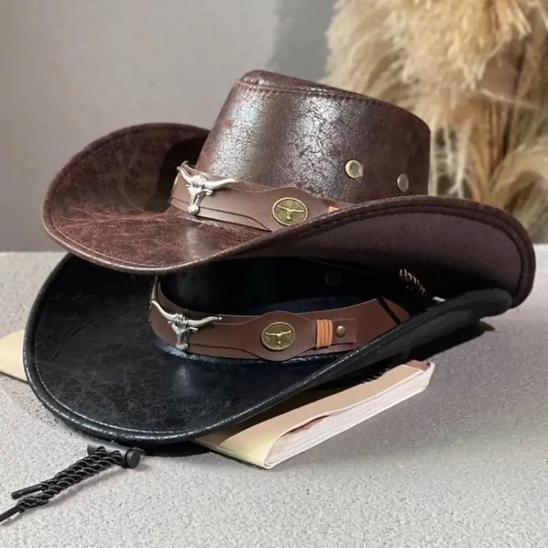 Fashion High Quality Retro Cow Head Decorate Western Cowboy Hat Faux Leather Gentleman Jazz Hats Men Panama Cowgirl Hat