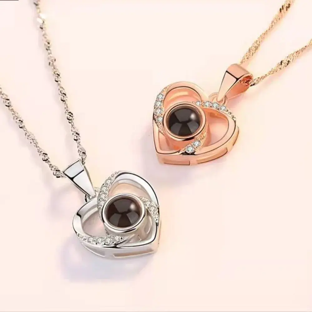 Valentine's Day Gift Projection 100 Languages Necklace Simple Heart Shaped Projection Necklace Birthday Lover Family Memory Gift