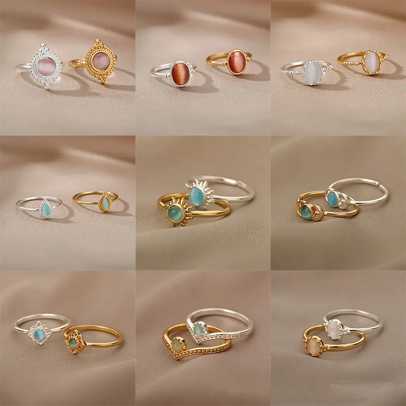 New Opal Rings for Women Gold Color Stainless Steel Ring Trend Couple Wedding Aesthetic Jewelry Item Anillos Mujer