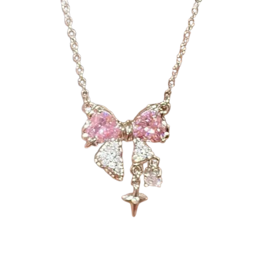 New Y2K Luxury Pink Bow Shape Pendant Necklace for Women Clavicle Birthday Party Anniversary Gift Jewelry Mujer