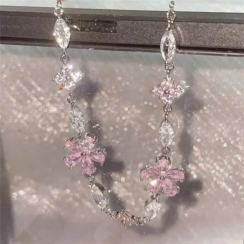 INS Fashion Elegant Fairy Pink Crystal Zircon Sakura Flowers Bracelet for Women Y2K Sweet Girls Cherry Blossom Jewelry Gifts