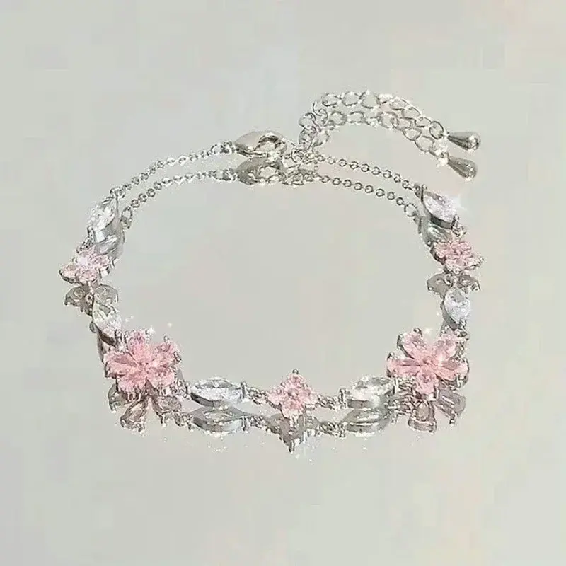 INS Fashion Elegant Fairy Pink Crystal Zircon Sakura Flowers Bracelet for Women Y2K Sweet Girls Cherry Blossom Jewelry Gifts
