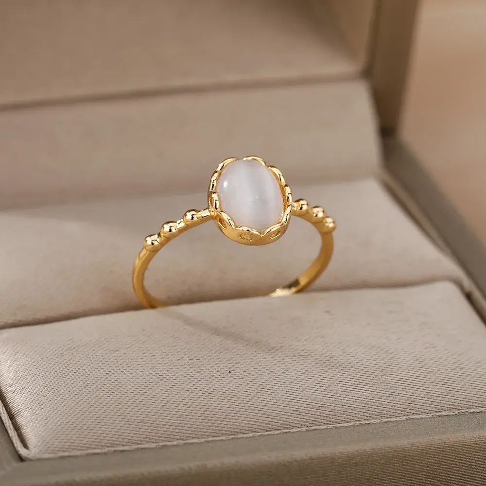 New Opal Rings for Women Gold Color Stainless Steel Ring Trend Couple Wedding Aesthetic Jewelry Item Anillos Mujer