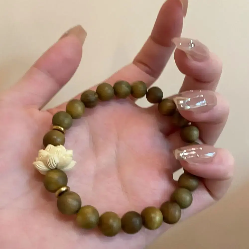Fashion Lotus Sandalwood Bangle Wood Beaded Strand Bracelets Green Natural Sandalwood Bracelet Elastic Handwoven Jewelry Gifts