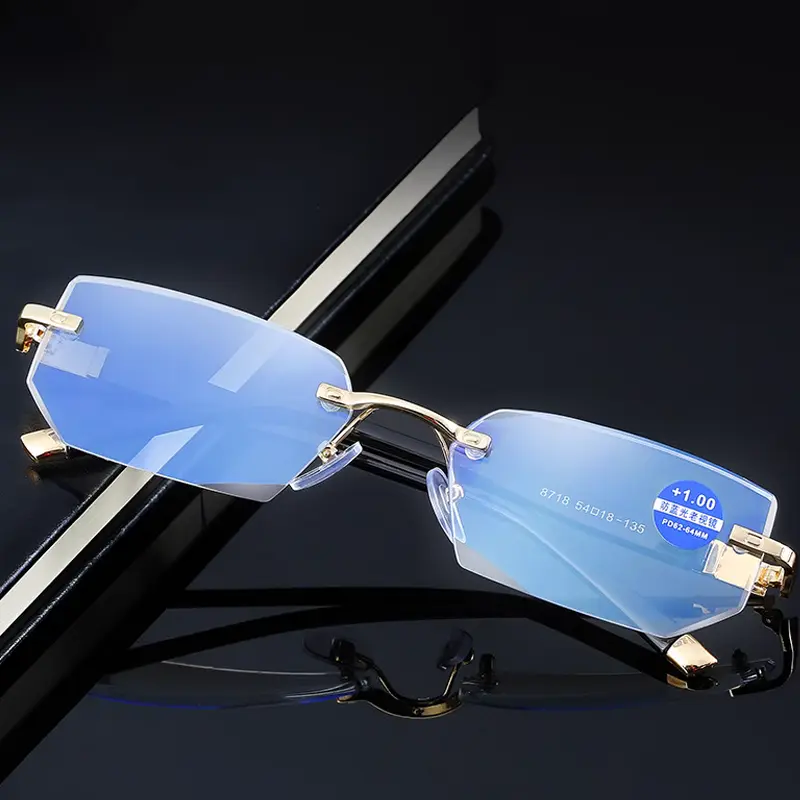 Fashion Men Blue Light Blocking Reading Glasses Women Cutting Rimless Eyeglasses Frame Anti Fatigue Hyperopia Presbyopic Eyewear