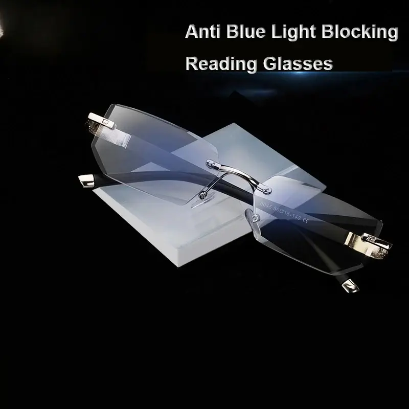 Fashion Men Blue Light Blocking Reading Glasses Women Cutting Rimless Eyeglasses Frame Anti Fatigue Hyperopia Presbyopic Eyewear