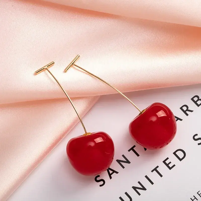 1 Pairs New Cute Simulation Red Cherry Earrings for Women Girl Sweet Resin Hot Sale Earring Student Fruit Fashion Jewelry Gift