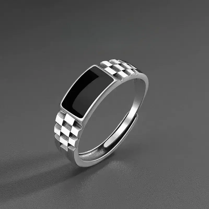 New Fashion Checkered Ring for Luxury Men Retro Hip Hop Silver Color Open Finger Ring Punk Student Jewelry Accessories Gifts