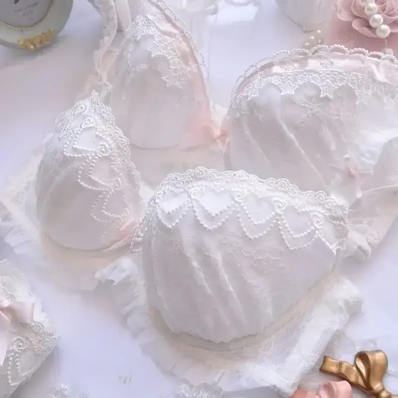 High Quality Japanese Kawaii LolitaWater-soluble Embroidery Thin Cup Girl Cute Gathering Sexy Lingerie Set Large Bra Set