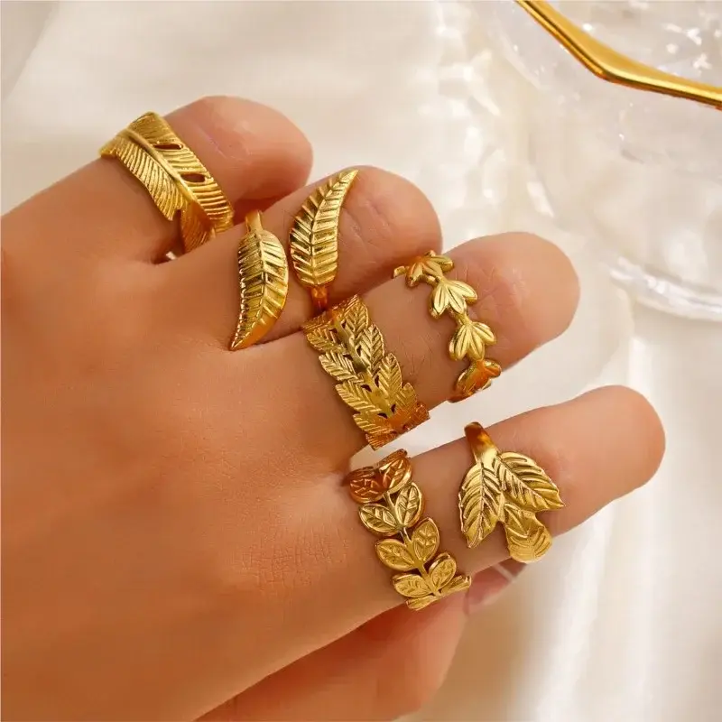 New Stainless Steel Gold Color Leaves Rings for Women French Vintage Open Ring Jewelry Accessory Wholesale