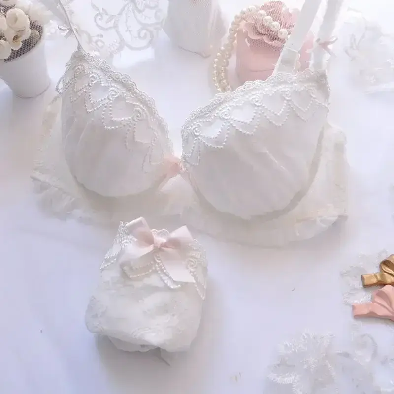 High Quality Japanese Kawaii LolitaWater-soluble Embroidery Thin Cup Girl Cute Gathering Sexy Lingerie Set Large Bra Set