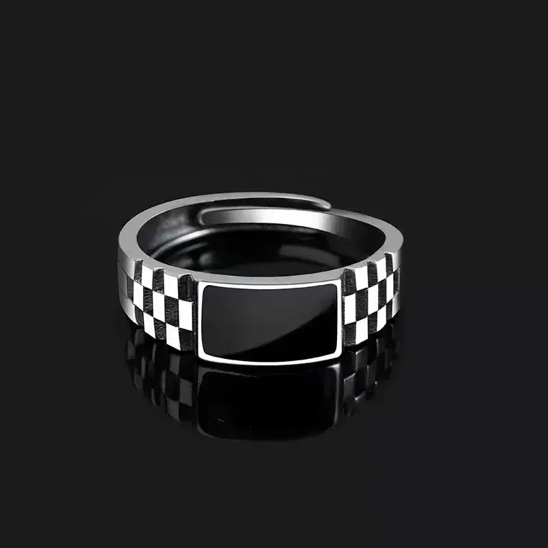 New Fashion Checkered Ring for Luxury Men Retro Hip Hop Silver Color Open Finger Ring Punk Student Jewelry Accessories Gifts